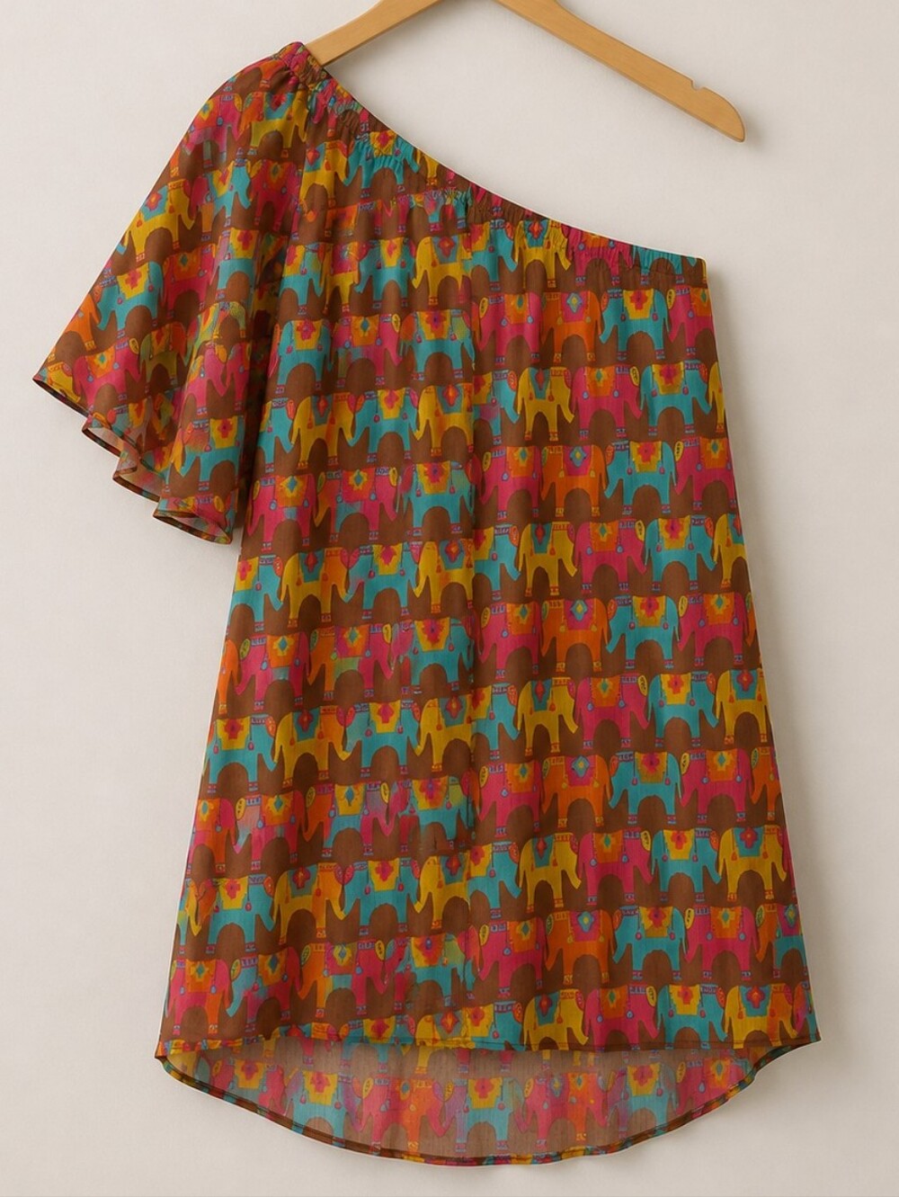 Judith March One Sleeve Elephant Print Tunic Mini Dress Large Boho Whimsical She